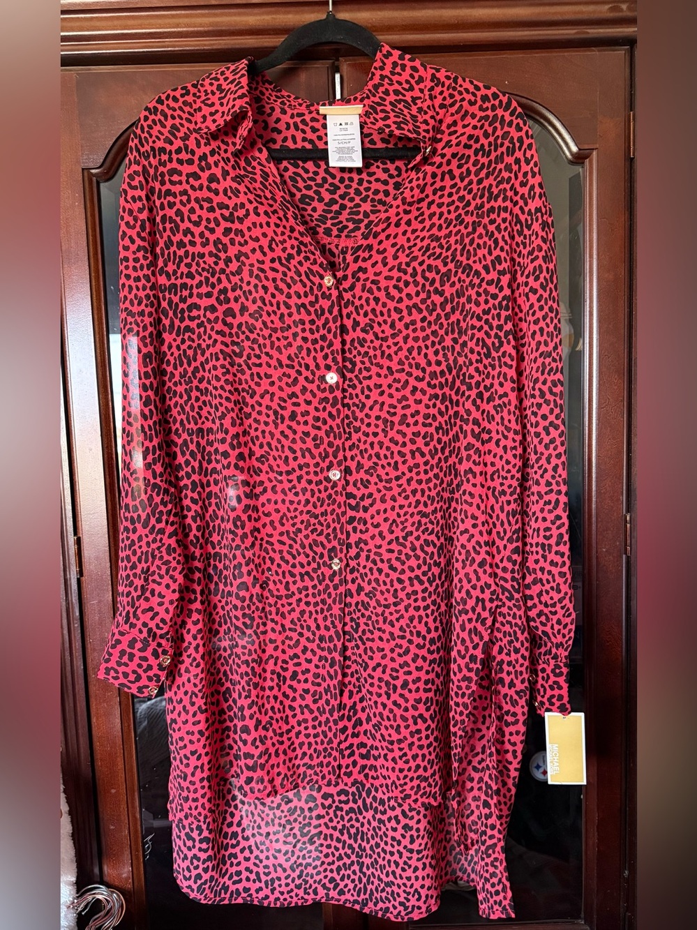 MICHAEL Michael Kors Red and Black Leopard Print Swim Coverup Shirt